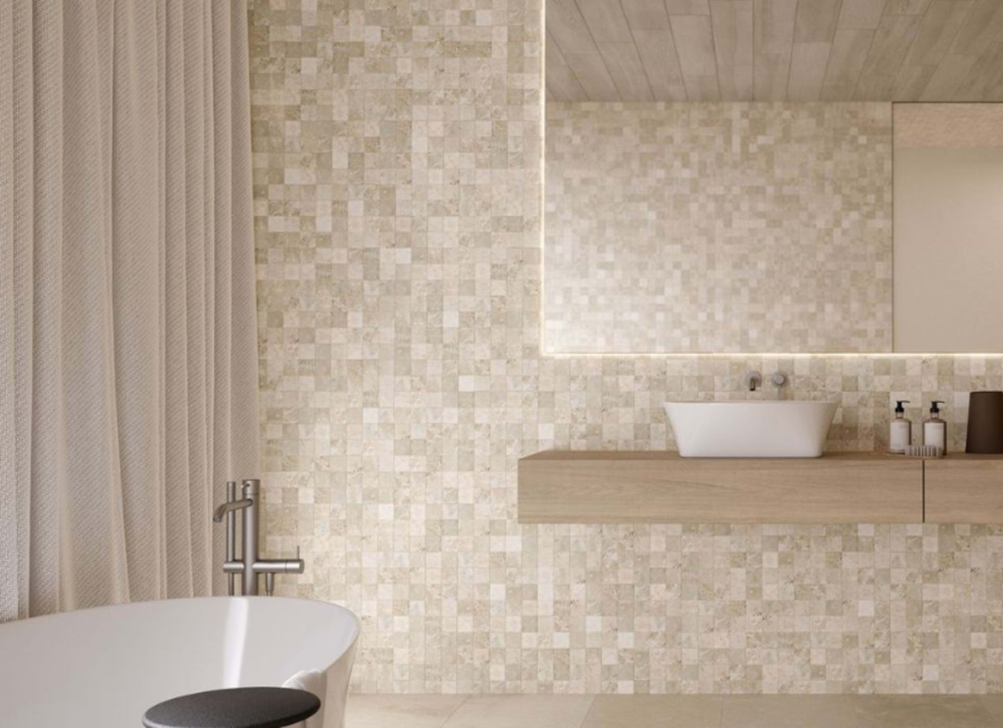 Ivory Travertine in Basketweave Mosaics