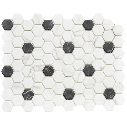 Hex Pattern in Venato White Nero Marquina Glass Tile