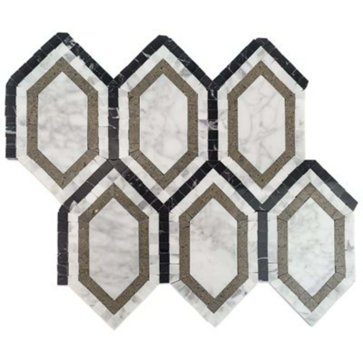 New Era in White Carrara Long Hexagon With Lagos White Carrara Black Natural Stone