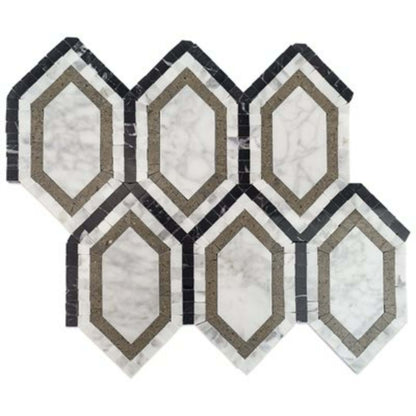 New Era in White Carrara Long Hexagon With Lagos White Carrara Black Natural Stone