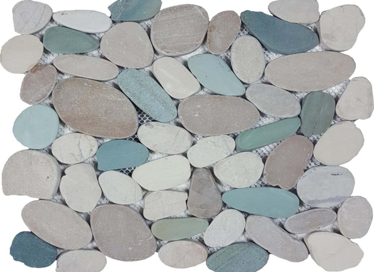 Ocean Stones - Sliced Mosaic in White Green Tan