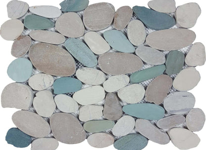 Ocean Stones - Sliced Mosaic in White Green Tan