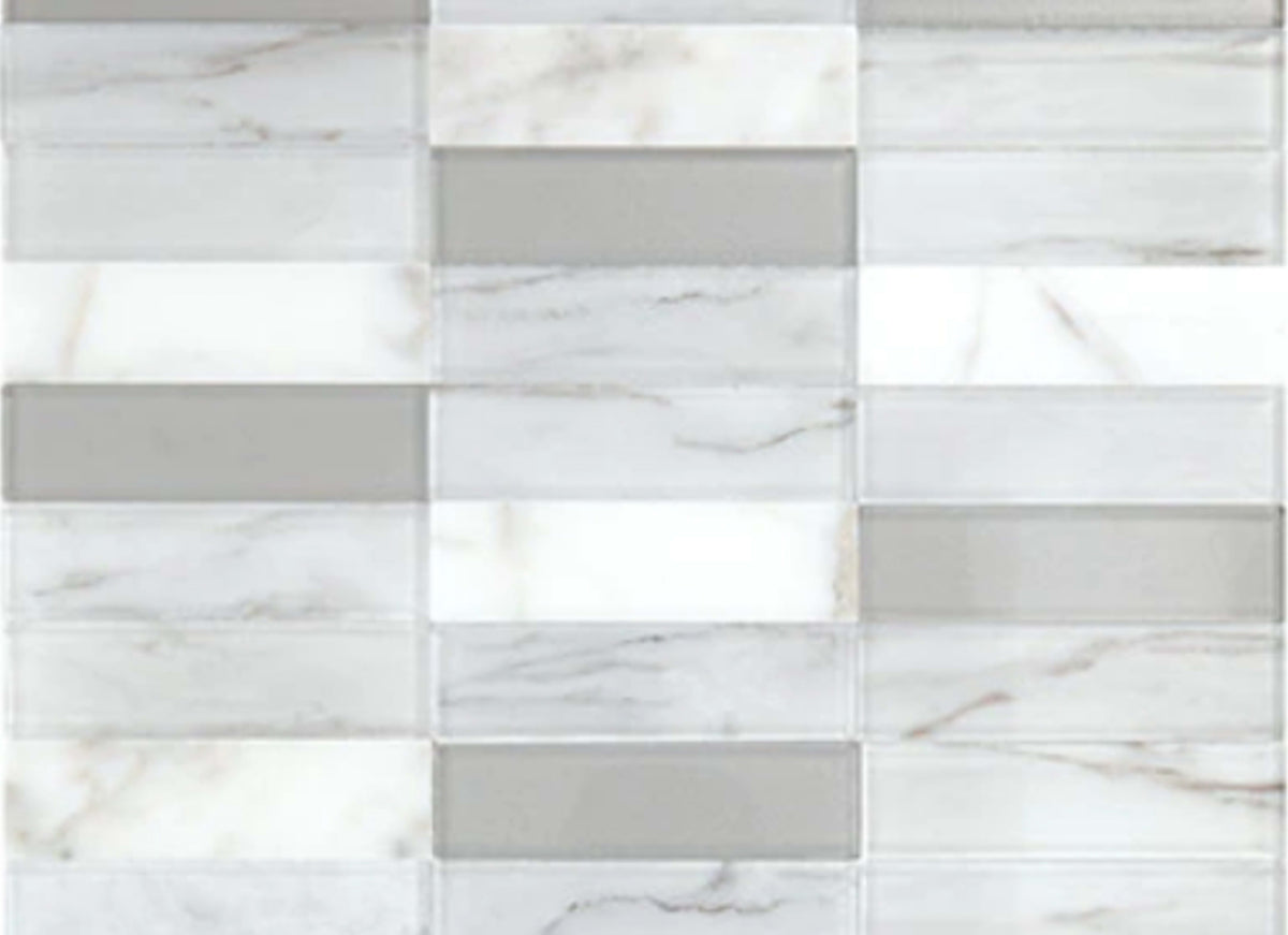 Perfit Mosaix in White Carrara & Glass Straight Stack