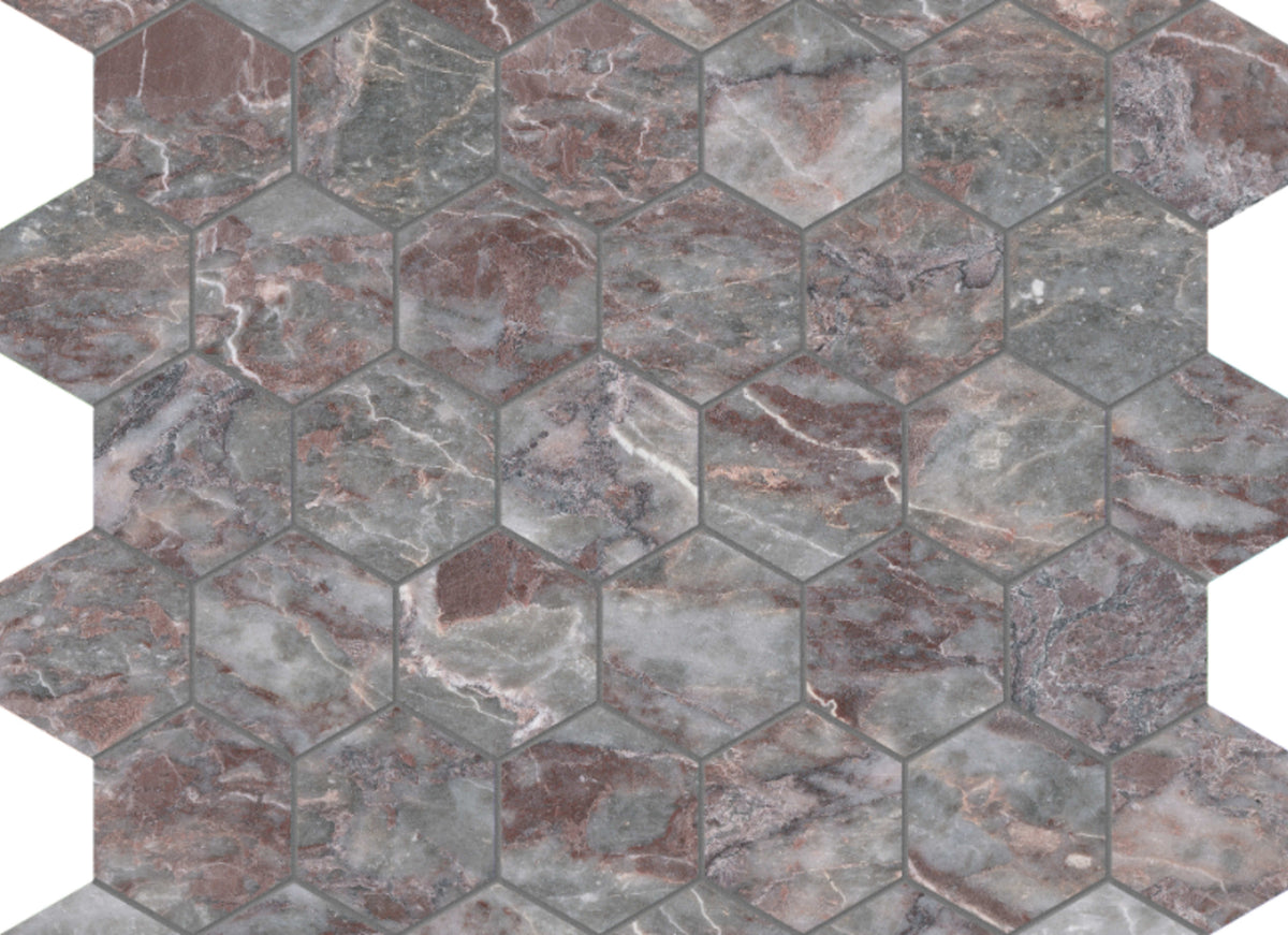 Sereno Burgundy in Hexagon Mosaic Honed