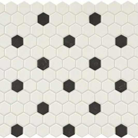Unglazed Mosaics in Ice White/Black Hexagon Tile