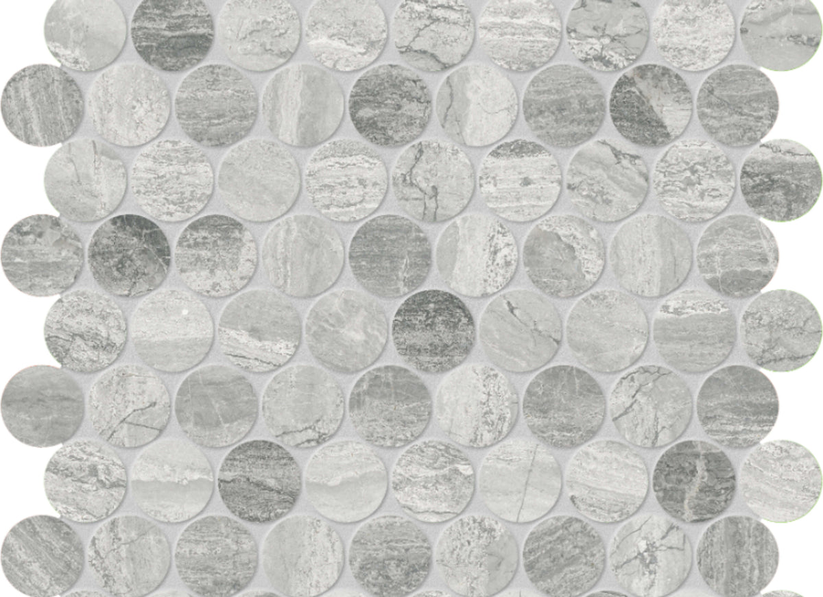 Volcana Notte in Penny Round Mosaic Honed